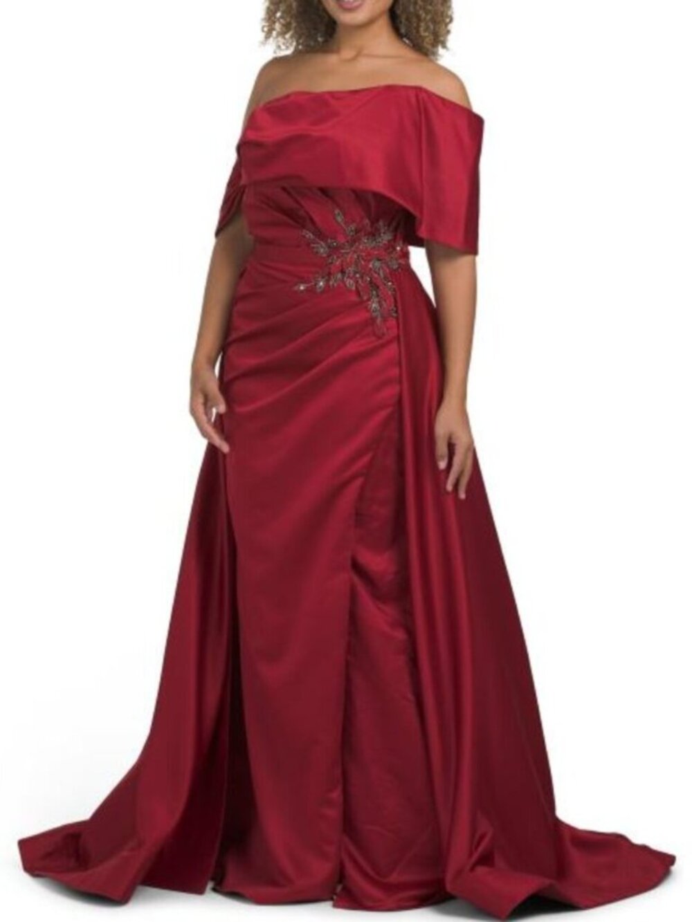 TERANI COUTURE Off The Shoulder Beaded Applique Gown